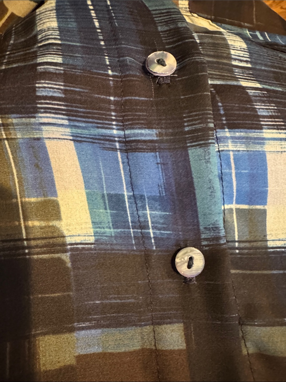 Trina Turk Silky Black Plaid Button-Down Shirt with Blue & Yellow Accents. Sz P - Picture 7 of 8